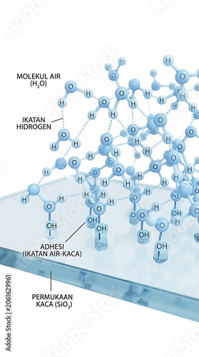 Molecular interaction of water molecules with a glass surface.