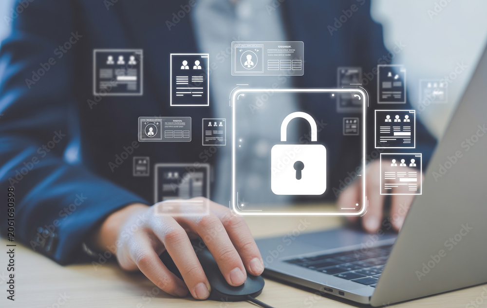 Fototapeta premium Cyber security specialist working with secure digital lock and employee data.