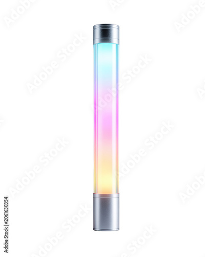Vertical glass LED light tube with pastel rainbow glow and metallic caps isolated