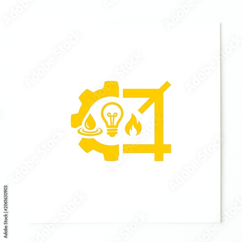 Industrial concept with gear, lightbulb, water, and fire symbols.