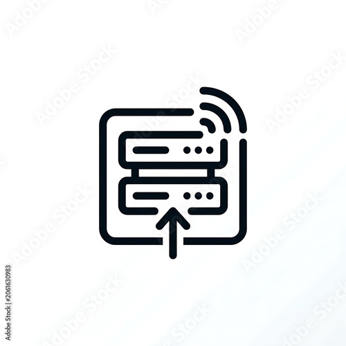 Server rack with wireless signal and upload arrow icon.