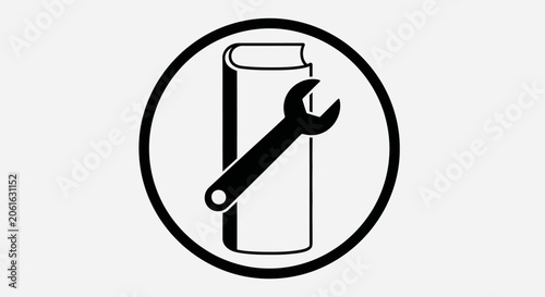 Circle icon featuring book and mechanical wrench symbol.