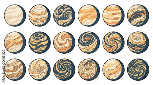 Slika na platnu Collection of twenty round celestial bodies with swirling patterns