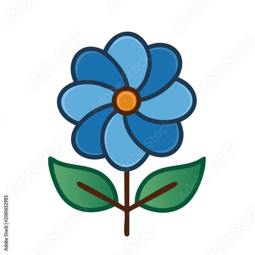 Blue flower with green leaves flat illustration