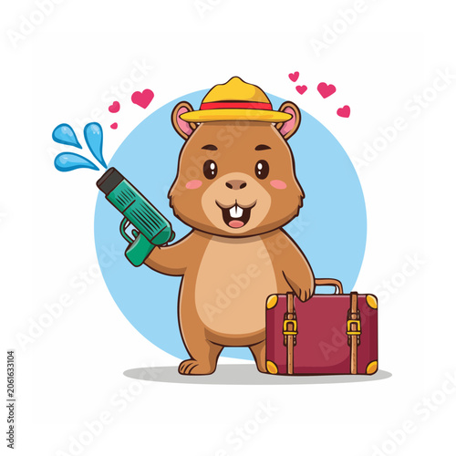 Cute cartoon bear holding suitcase