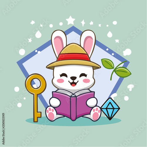 Cute cartoon rabbit reading a book wearing a straw hat