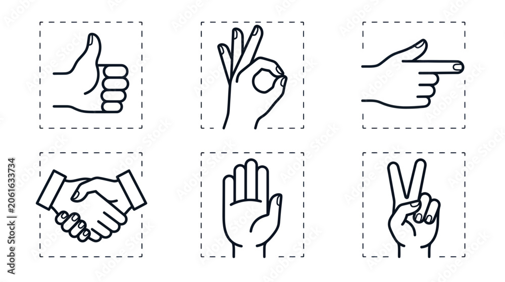Fototapeta premium Set of Hand Gestures Icons: Thumbs Up, OK, Pointing, Handshake, Stop, Victory Sign