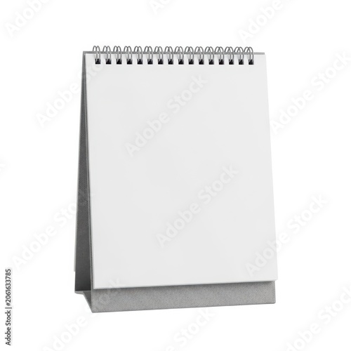 Blank desk calendar mockup, white spiral notebook on stand, empty paper flip chart for office schedule and planning isolated on white