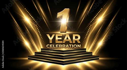 Year Celebration Stage with Golden Spotlight and Confetti Effects