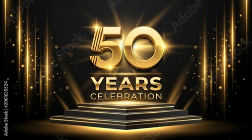 Golden 50 Years Celebration Stage with Spotlight and Curtains Background