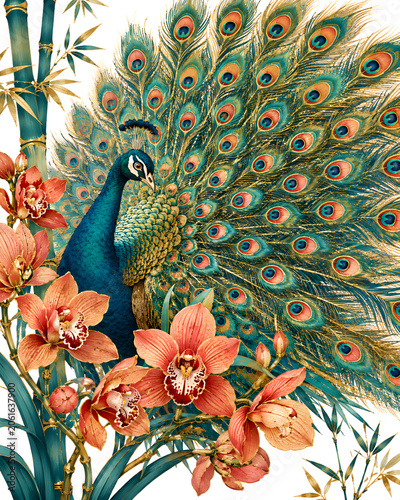 Modern Chinoiserie Art  Exotic Peacock with Vibrant Feathers Among Orchid Blooms in Tropical Bamboo Setting Painting