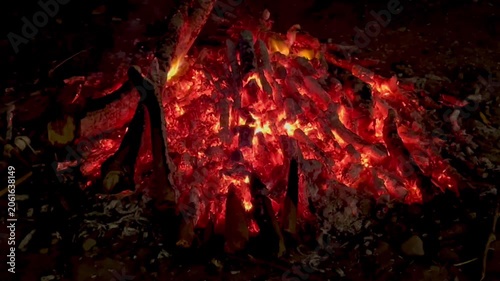 Cinematic Close-Up of Glowing Firewood Embers Burning at Night