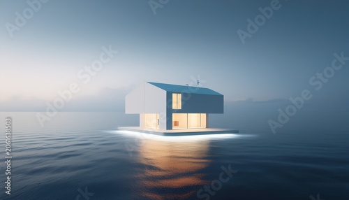 minimalism ethereal white house floating on the ocean with light