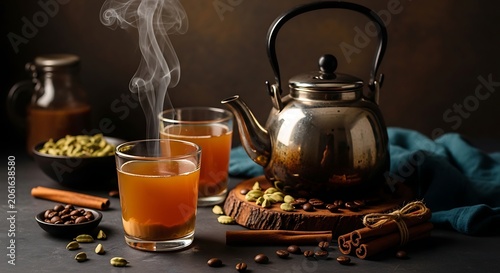 Steaming chai tea with spices and coffee beans dark moody still life