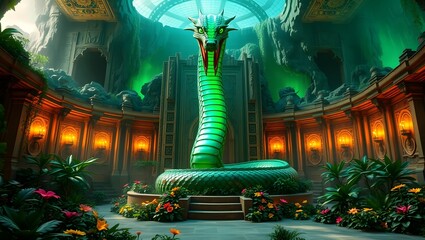 A large green dragon statue in a lush garden with flowers and plants