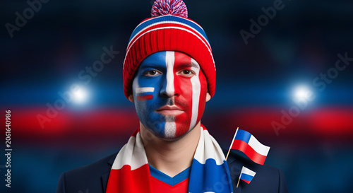 Icelandic Fan With Face Paint and Flag at Soccer Game, Support