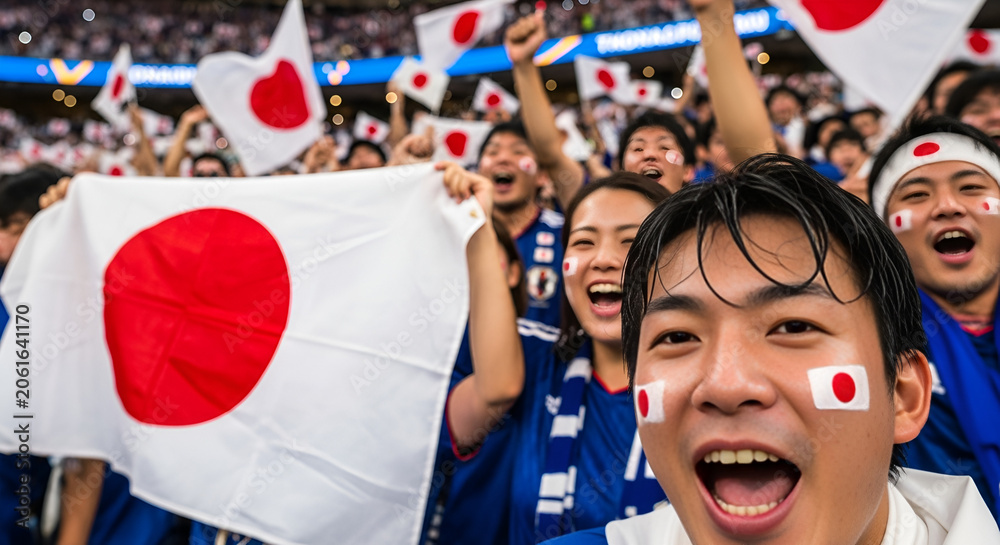 Fototapeta premium Japanese Fans Cheer At Soccer Match, Waving National Flags