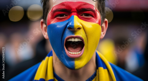 Passionate Facial Paint Fan Yelling Loudly at Sports Event