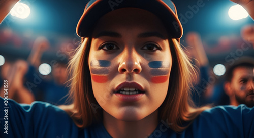 Passionate Fan with Face Paint Cheering at Sports Game