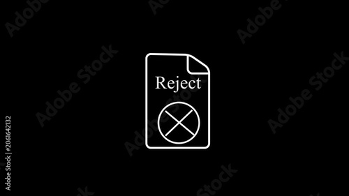 Animated white reject Document Icon on black Background with for Legal Consent and Business Verification.