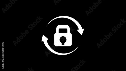 Animated secure lock icon with rotating arrows representing data protection,on a black background, with 4k video animation.