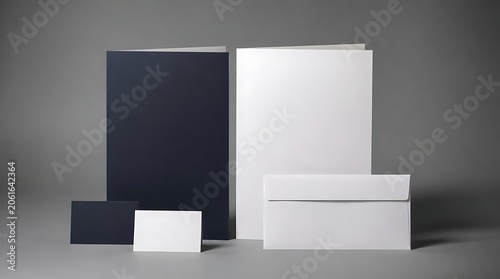 Clean Branding Mockup with Dark Blue and White Stationery Items on Gray Background.