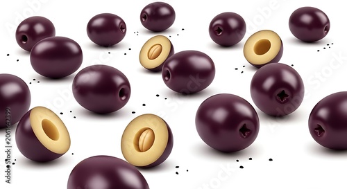 Fresh blueberries composition with halved fruit isolated on white background