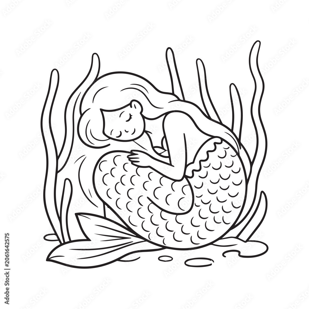 Obraz premium Cute Little Mermaid Sleeping Peacefully Underwater Surrounded By Seaweed Coloring Page.