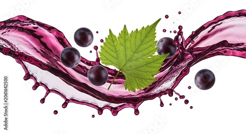 Red wine splash with grapes and vine leaf dynamic liquid flow composition