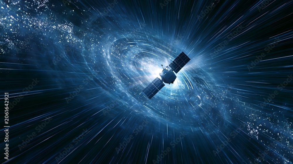 Fototapeta premium A smart satellite array is depicted within a dynamic data vortex emitting a brilliant radiant glow