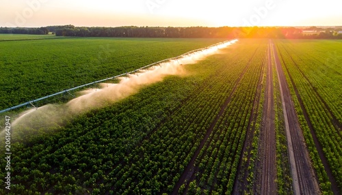 Aerial view of a lush green field with a long irrigation system at sunset