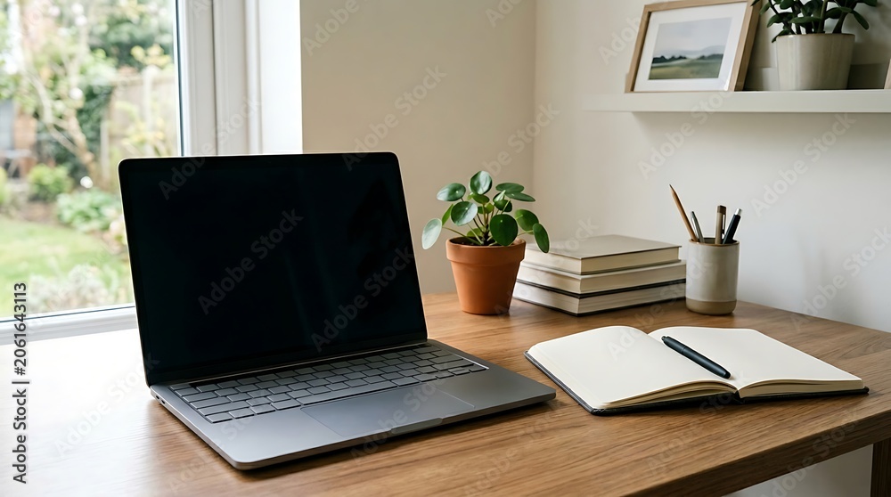 Fototapeta premium Modern home office workspace with laptop and stationery