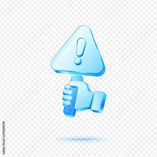 Hand Holding Warning Sign Alert, 3D Blue Glossy Caution Icon
