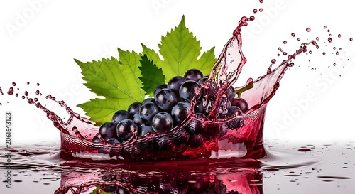 Dark grapes splashing into liquid with vine leaves high speed photography