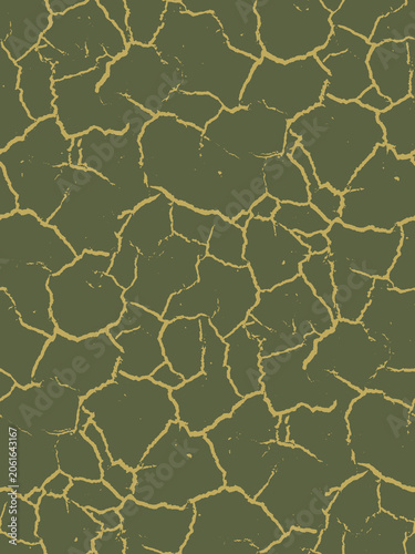 Green cracked earth seamless pattern. Khaki ground texture with dry clay cracks. Vector abstract camouflage background for textile or wallpaper design.