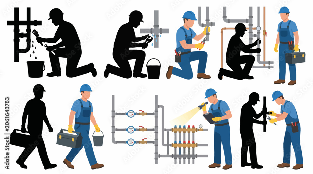 Fototapeta premium Professional vector collection featuring different plumber character poses, repairing pipes, fixing leaks, installing plumbing systems, carrying toolbox, inspecting water systems, maintenance work
