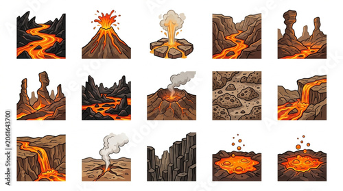 Foto Collection of volcanic eruption and lava flow illustrations.