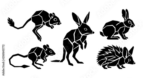 Fényképezés Geometric Wildlife Vector Icons: Kangaroo Rat, Jerboa, Rabbit, Hedgehog, Small M