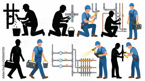Slika na platnu Professional vector collection featuring different plumber character poses, repa