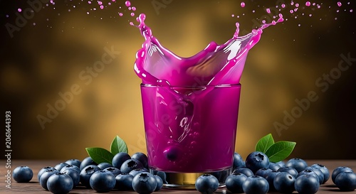 Blueberry juice splash in glass with fresh berries vibrant food photography