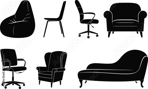 Bild auf Leinwand Black silhouettes set of various chairs and sofas including office chair armchai