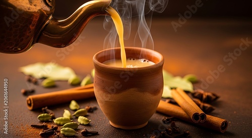 Traditional indian masala chai pouring into earthen cup with spices