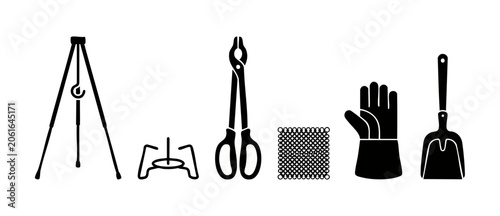 Cuadro en lienzo Campfire cooking equipment icons set including fireplace tools, tripod hooks, cast iron chainmail scrubbers, charcoal tongs, grill gloves, and ash shovel silhouettes isolated on a white background