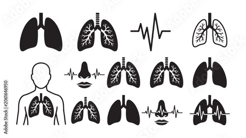 Human Lungs, Respiratory System, and ECG Icons with Human Silhouette - Medical Concepts