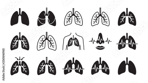 Lungs and Respiratory Health Icons with ECG Waveform - Medical and Science Concepts