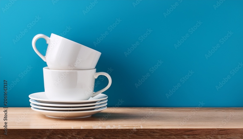 Fototapeta premium white coffee cups on wooden table over blue background kitchen mock up for design and product display