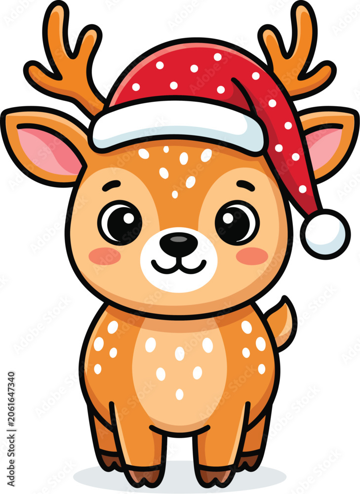 Fototapeta premium Cute reindeer character with santa hat colorful vector illustration