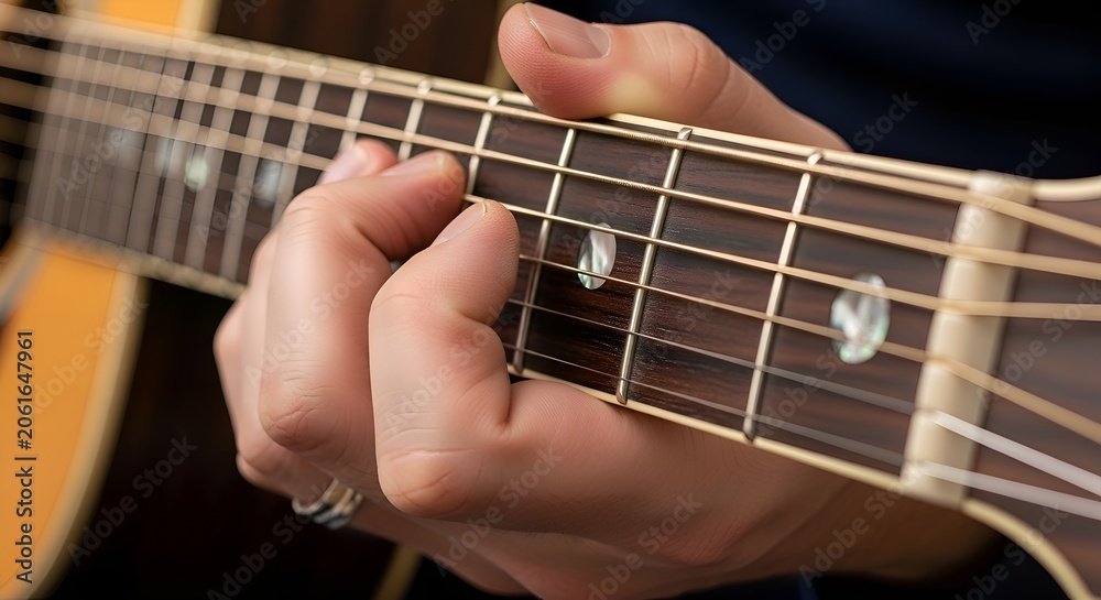 Fototapeta premium Acoustic guitar close-up: musician plays chords