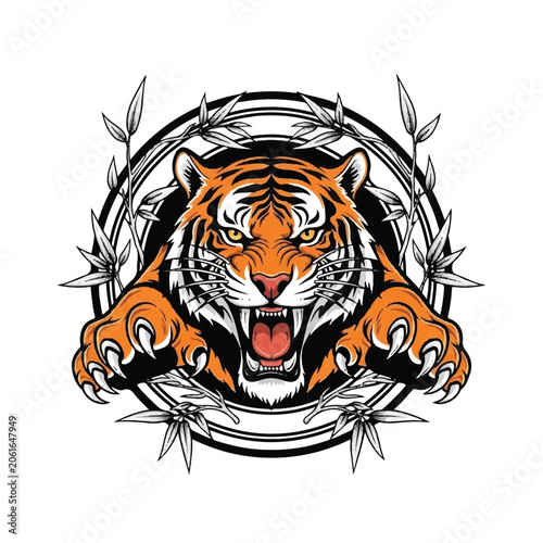 Tiger face with open mouth and claws.