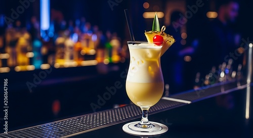 Pina colada cocktail with pineapple and cherry garnish in a stylish bar setting